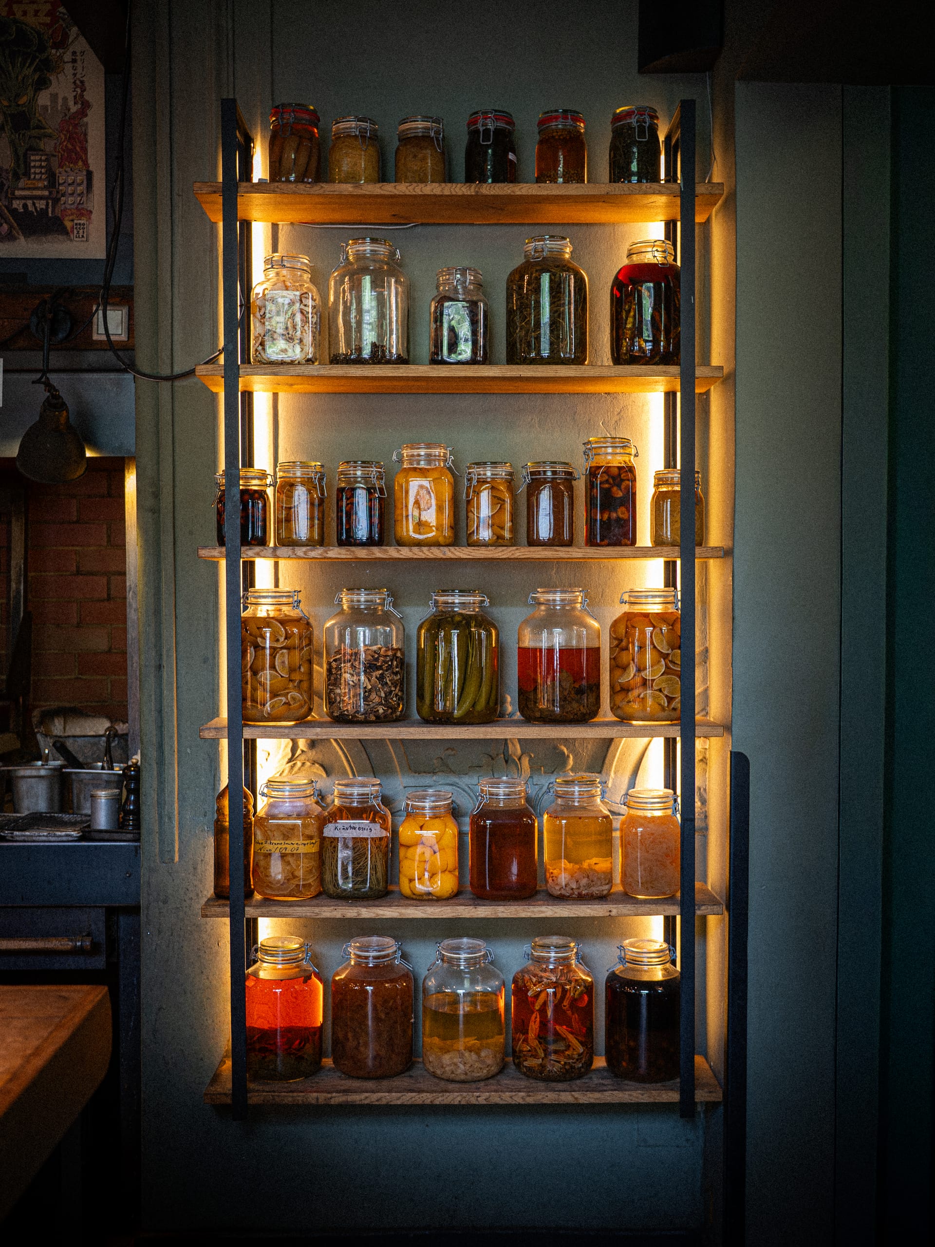 Lit shelf of preserving jars