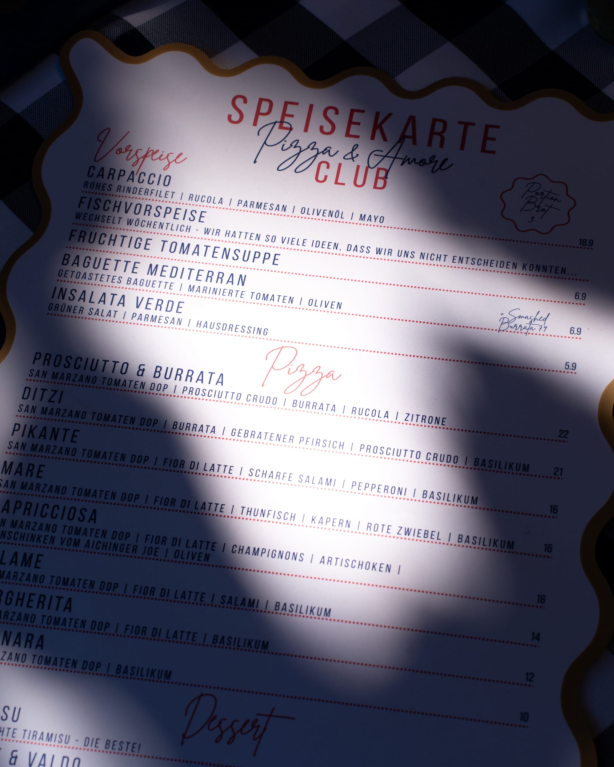Menu card in raking sunlight