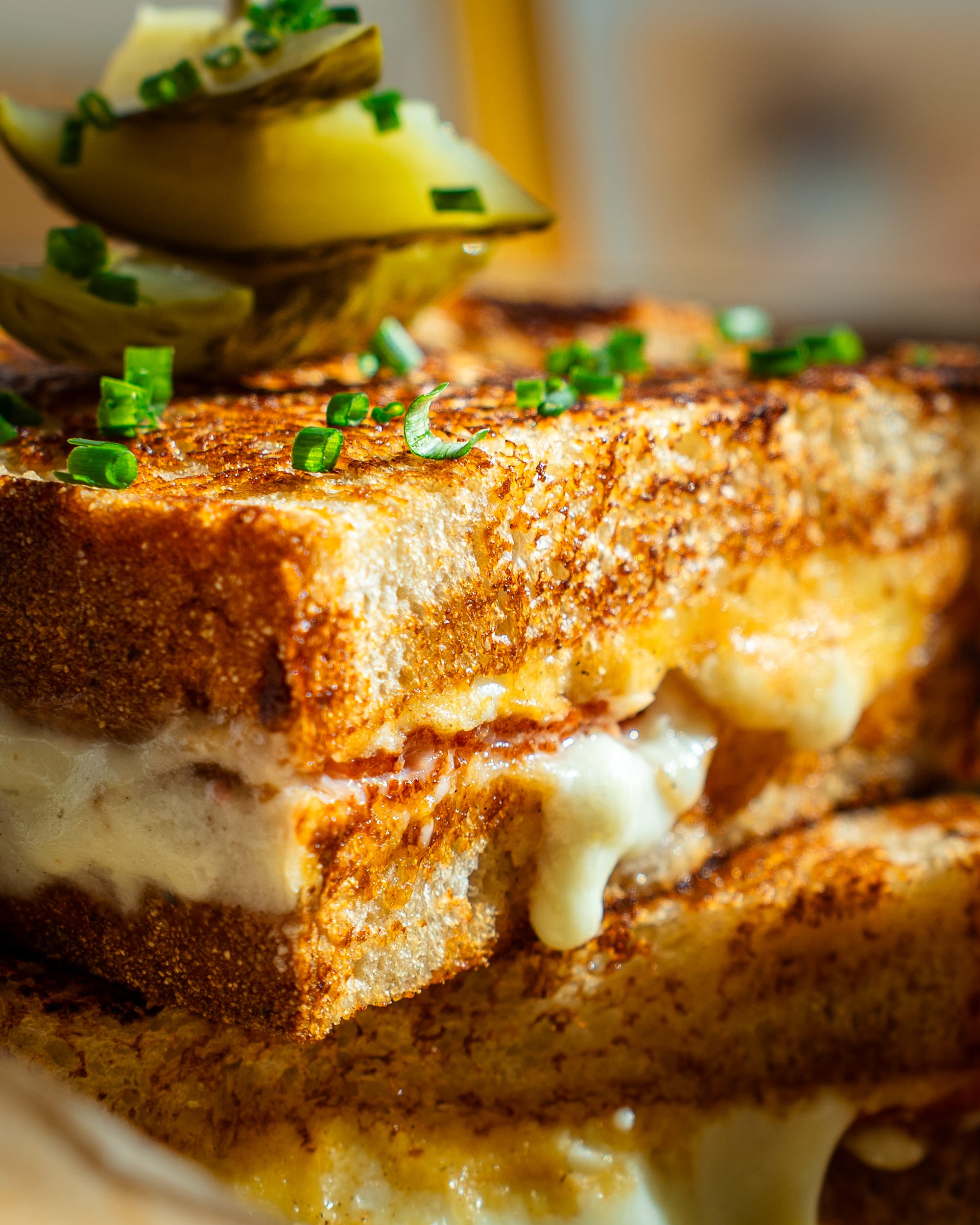 Toasted sandwich with chives, close-up